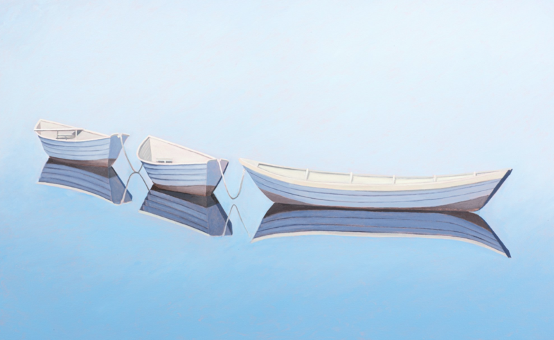 A painting titled Three Dories by Matthew Jay Russell, measuring 30 x 48 inches. The artwork features three light blue and white rowboats floating side by side on perfectly still water, creating crisp reflections beneath them. 